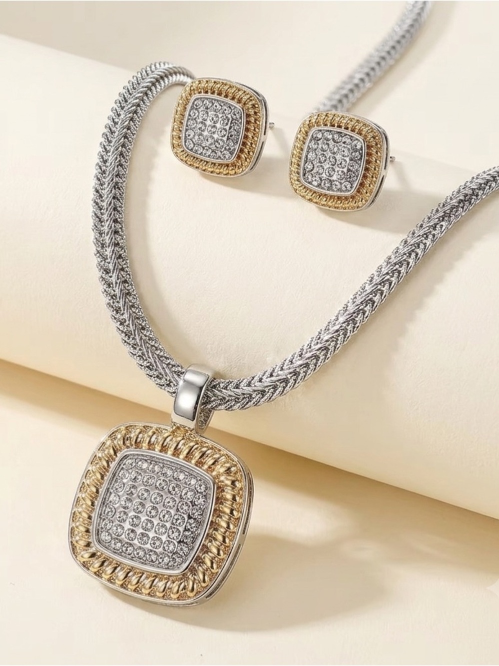 Two-Tone Pavé Square Pendant Necklace in Silver & Gold